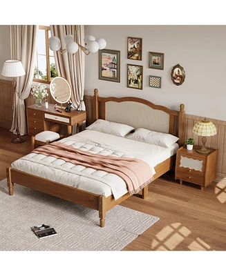 Streamdale Furniture 3 Pieces Bedroom Set with Queen Size Wooden Bed Frame, 1 Vintage Nightstand and 1 Makeup Vanity Set with Stool, Walnut