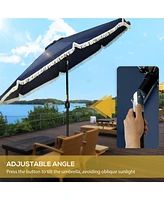 9ft Patio Umbrella with Push Button Tilt and Crank, Ruffled Outdoor Market Table Umbrella with Tassles and 8 Ribs, for Garden, Deck, Pool