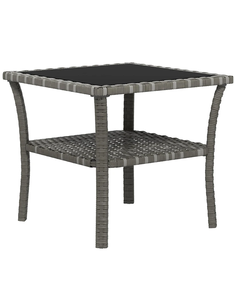 Streamdale Furniture Rattan Side Table, Outdoor End Table with Storage Shelf, Aluminum Frame Square, Coffee Table with Tempered Glass Top, Mixed Gray