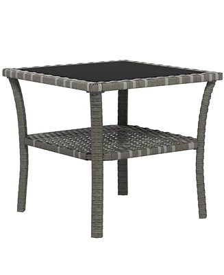 Streamdale Furniture Rattan Side Table, Outdoor End Table with Storage Shelf, Aluminum Frame Square, Coffee Table with Tempered Glass Top, Mixed Gray