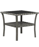 Simplie Fun Rattan Side Table, Outdoor End Table with Storage Shelf, Aluminum Frame Square, Coffee Table with Tempered Glass Top, Mixed Gray