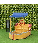 Simplie Fun Pirate Ship Sandbox with Cover and Rudder, Wooden Sandbox with Storage Bench and Seat, Outdoor Toy for Kids Ages 3-8 Years Old