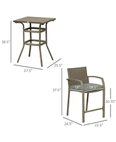 3 Pcs Rattan Wicker Bar Set with Wood Grain Top Table and 2 Bar Stools for Outdoor, Patio, Poolside, Garden, Grey