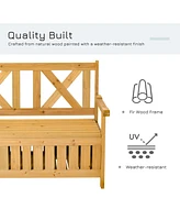 Patio Wooden Bench with Storage Box, 29 Gallon Outdoor Storage Bench, Large Entryway Deck Box w/ Unique X-Shape Back, for Deck, Porch & Balcony, Yello