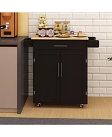 Simplie Fun Kitchen island rolling trolley cart with 1 drawer & 2 doors with Adjustable Shelves & towel rack & seasoning rack rubber wood table top