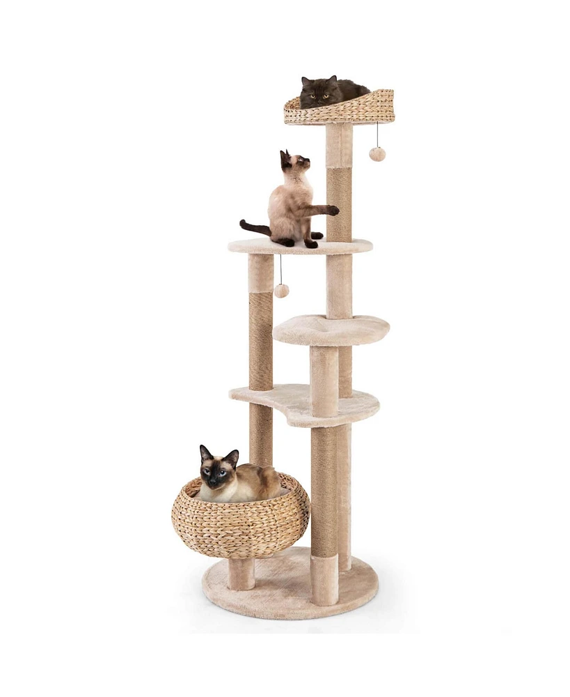 Costway 65" Cattail Cat Tower with Jute Scratching Posts Perch Basket Bed Dangling Balls