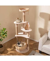 Costway 65" Cattail Cat Tower with Jute Scratching Posts Perch Basket Bed Dangling Balls