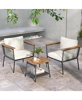 Costway 3 Pcs Patio Furniture Set with 2-Tier Coffee Table Acacia Wood Armrests Tabletop