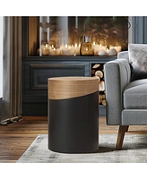LuxenHome Natural Wood and Metal Round Drum Modern Accent End Side Table