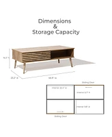 LuxenHome Mid-Century Modern Rectangular Coffee Table with Storage and Solid Wood Legs