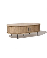 LuxenHome Mid-Century Modern Coffee Table with Storage and Slatted Sliding Doors