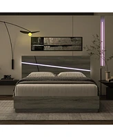 LuxenHome Modern Gray Queen Platform Bed Headboard and Frame Set with Lights