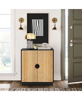 LuxenHome Modern Boho 2-Door Black Accent Cabinet with Bamboo Strips