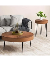 Costway Farmhouse Round CoffeeTable Set of 2 End Table Natural Finish for Living Room Coffee
