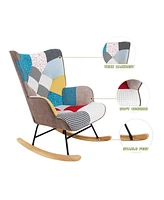 Streamdale Furniture Rocking Chair with ottoman, Mid Century Fabric Rocker Chair with Wood Legs and Patchwork Linen for Livingroom Bedroom