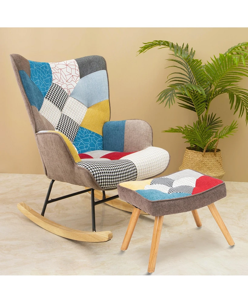 Streamdale Furniture Rocking Chair with ottoman, Mid Century Fabric Rocker Chair with Wood Legs and Patchwork Linen for Livingroom Bedroom