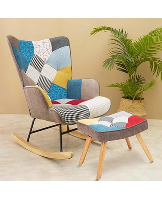 Streamdale Furniture Rocking Chair with ottoman, Mid Century Fabric Rocker Chair with Wood Legs and Patchwork Linen for Livingroom Bedroom