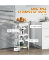 Mobile Kitchen Cart, Rolling Kitchen Island with Storage, Solid Wood Frame Utility Cart with Wire Fruit Baskets, Trays and Drawer, White