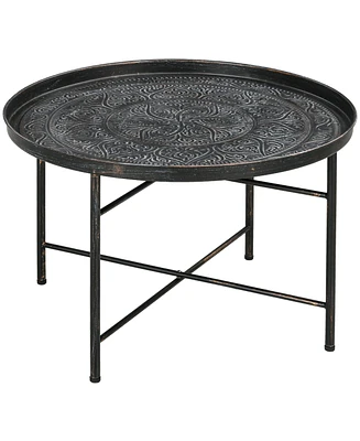 Simplie Fun 24" Round Coffee Table with Hammered Tray Top, Vintage Metal Center Table for Living Room, Bedroom, Side Table, Pewter