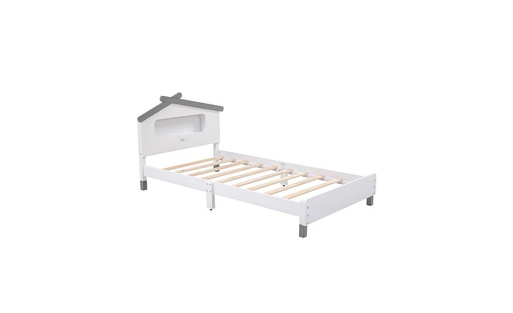 Slickblue Twin Size Wood Platform Bed with House-shaped Headboard and Motion Activated Night Lights