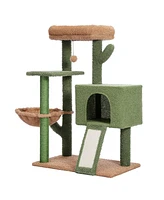 Slickblue Cactus Cat Tree Tower for Indoor Cats – Features Sisal-Covered Scratching Post, Cozy Condo, Plush Perch, and Soft Hammock