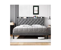 gaomon King Size Bed Frame with Upholstered Wingback Headboard, Luxurious Linen Upholstery Platform Bed with Charging Station, Button Tufted Design, N