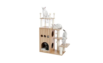 Slickblue Modern Wooden Cat Tree – Multi-Level Cat Tower with Fully Sisal-Covered Scratching Posts, Deluxe Condos