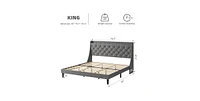 gaomon King Size Bed Frame with Upholstered Wingback Headboard, Luxurious Linen Upholstery Platform Bed with Charging Station, Button Tufted Design, N