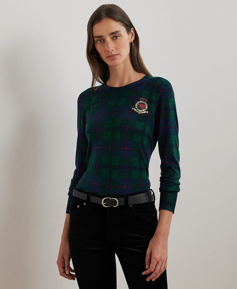 Lauren Ralph Petite Plaid Beaded Crest Sweater