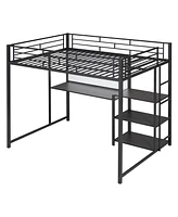 Slickblue Full Size Loft Bed with Desk and Whiteboard, Metal Loft Bed with 3 Shelves and Ladder, Black