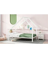 Slickblue Twin Size Metal House Platform Bed with Roof and Chimney for a Charming Children's Bedroom Design