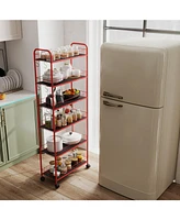 Red 6 Tier Slim Rolling Storage Cart, Mobile Shelving Unit with Wheels, Metal Wire Storage Shelving Rack with Baskets for Kitchen Bathroom Office Laun