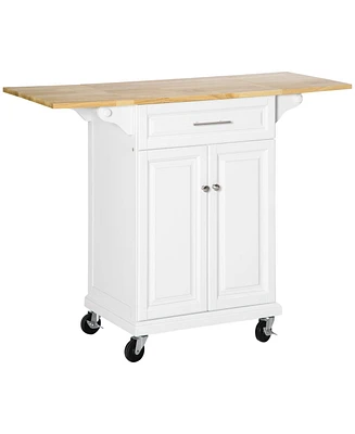 Kitchen Island with Drop Leaf Trolley Cart on Wheels Drawer Cabinet Towel Racks Versatile Use Natural Wood Top and White