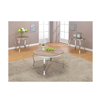 Streamdale Furniture Malai Coffee/End Table Set (3Pc Pk) in Weathered Light Oak & Chrome