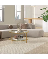Side Table with Storage, 32" Round End Table, 2-Tier Tempered Glass Coffee Table with Steel Frame for Living Room, Gold