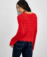 Hooked Up by Iot Juniors' Open-Heart-Stitch Long-Sleeve Pullover Sweater