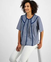 Nautica Jeans Women's Cotton Printed Crochet-Trim Top