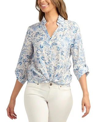 Bcx Juniors' Floral-Print Button-Down Roll-Tab-Sleeve Linen Top