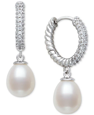 Belle de Mer Cultured Freshwater Pearl (7-8mm) Charm Lab-Created Sapphire (1/6 ct. t.w.) Hoop Earrings in Sterling Silver