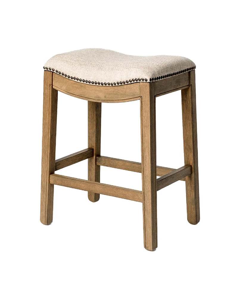 Maven Lane Adrien Saddle Counter Stool in Natural Wood Finish w/ Wheat Cream Fabric Upholstery