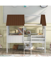 Slickblue Twin Low Loft Wood House Bed with Two Side Windows (White+Brown)