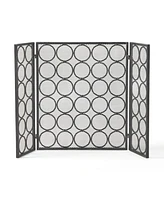 Modern 3-Panel Iron Fireplace Screen With Circular Pattern And Foldable Design