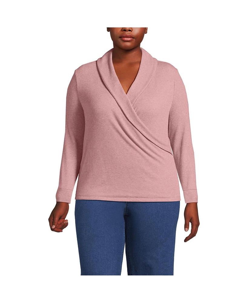 Lands' End Plus Long Sleeve Brushed Rib Wrap Top