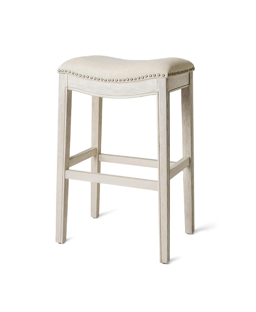 Maven Lane Adrien Saddle Bar Stool in White Oak Finish w/ Natural Fabric Upholstery