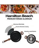 Hamilton Beach Saute Pan 11-Inch Nonstick Marble Coating, Wood like Soft Touch Handle, Multipurpose Fry Pans with Glass Lid, Chef Pan Stone Cookware C