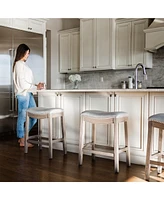 Maven Lane Adrien Saddle Counter Stool in Reclaimed Oak Finish w/ Ash Grey Fabric Upholstery