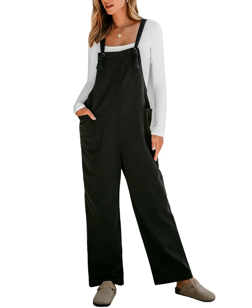 Cupshe Women's Charcoal Square Neck Knotted Strap Flared Leg Overalls