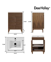 DeerValley 24" Bathroom Vanity with Ceramic Sink Top, Pre-assembled Mid-Century Wood Bathroom Cabinet Walnut