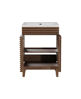 DeerValley 24" Bathroom Vanity with Ceramic Sink Top, Pre-assembled Mid-Century Wood Bathroom Cabinet Walnut