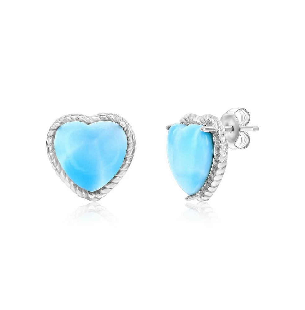 Caribbean Treasures Sterling Silver, Larimar Heart, Rope Design Studs